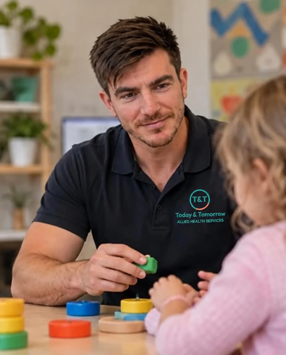 Derek using blocks during a play-based occupational therapy session with a child