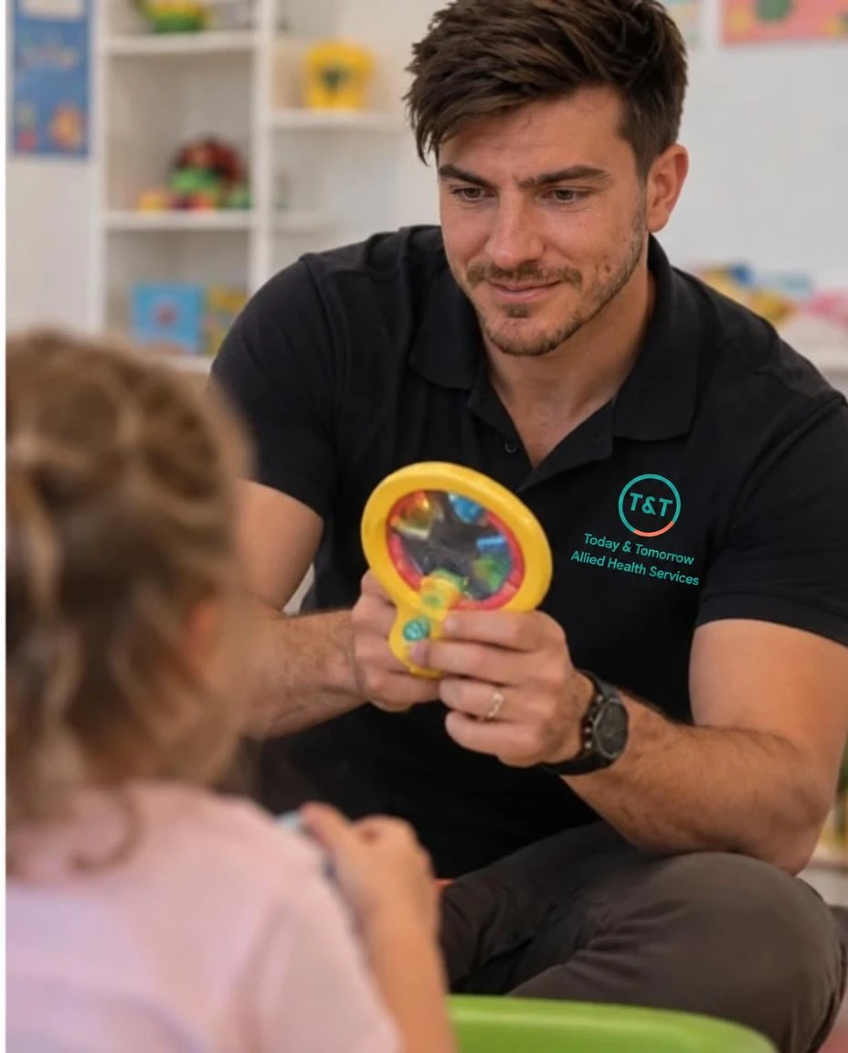 Derek using a colourful sensory toy in play-based occupational therapy with a child