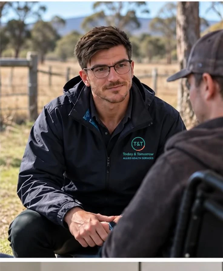 Derek listening to a client during a rural Functional Capacity Assessment visit