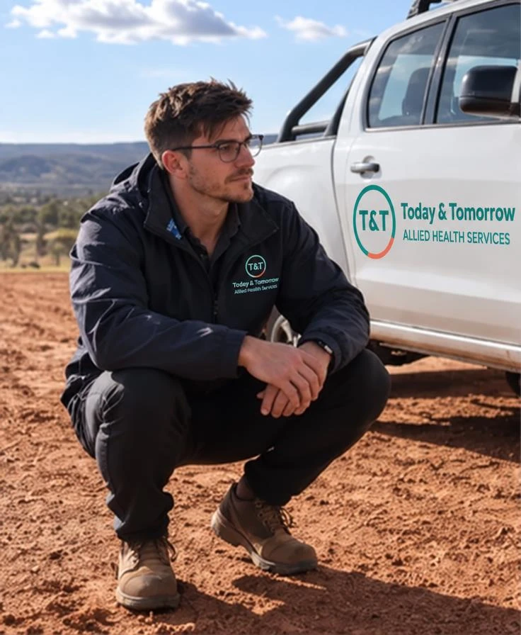 Derek beside the Today and Tomorrow Allied Health vehicle during rural outreach