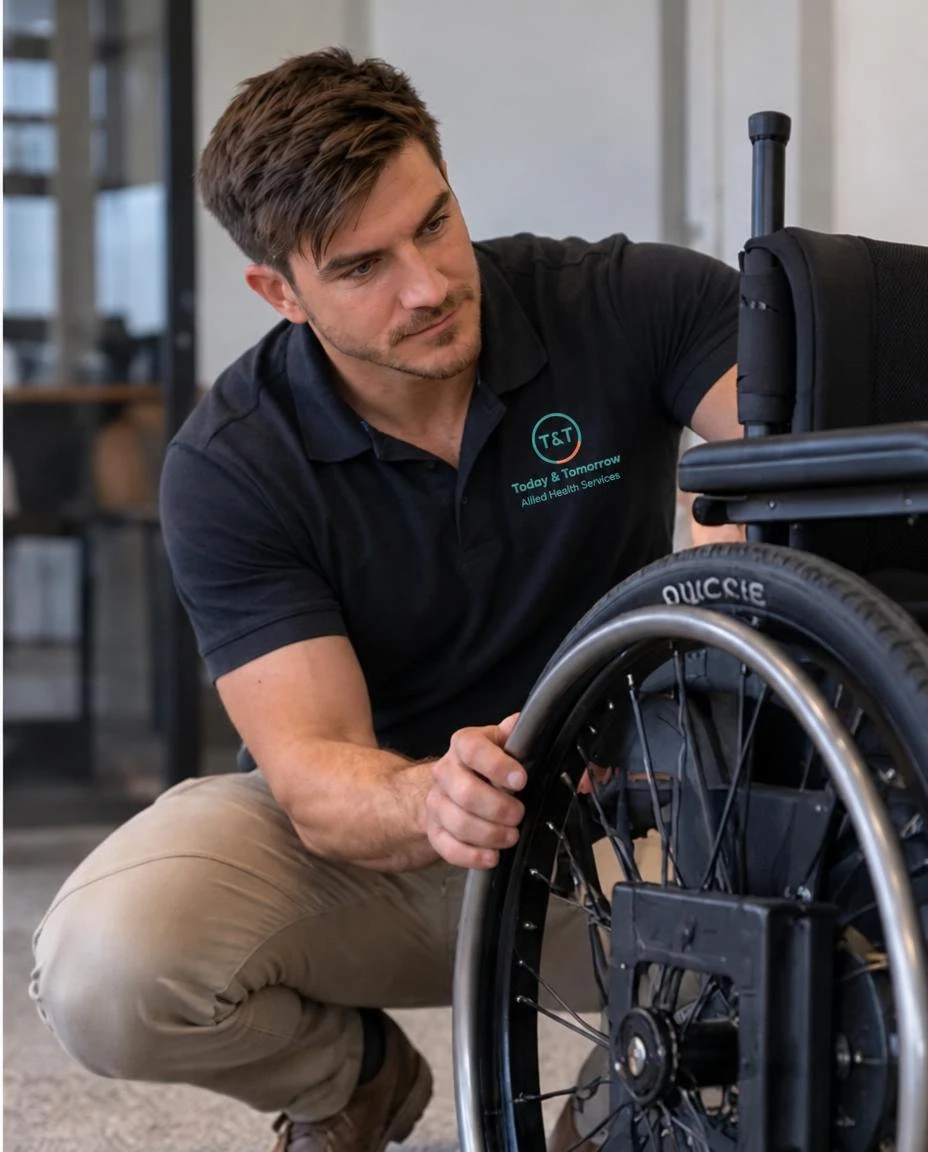 Derek assessing wheelchair seating during an occupational therapy appointment