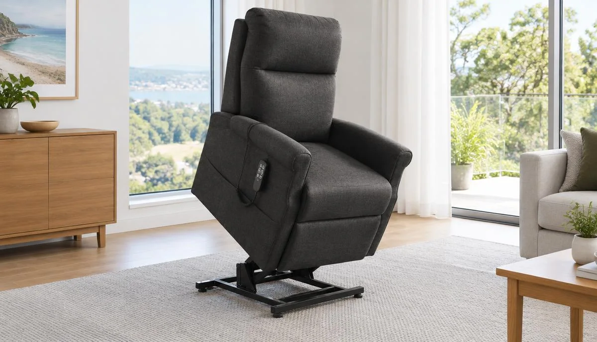 Illustrative electric lift recliner chair raised to support sit-to-stand transfers