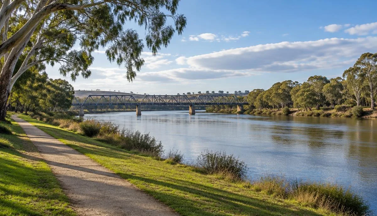 Illustrative Murraylands river landscape with a bridge and riverside path