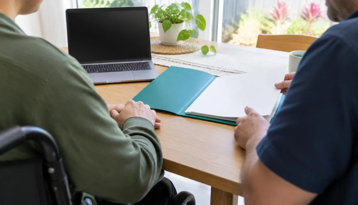 Illustrative plan review conversation with a folder and laptop