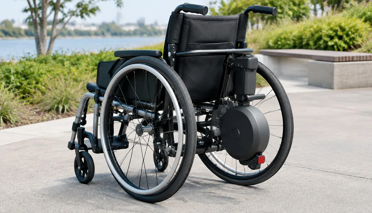 Illustrative manual wheelchair with powered assistance on a community walkway