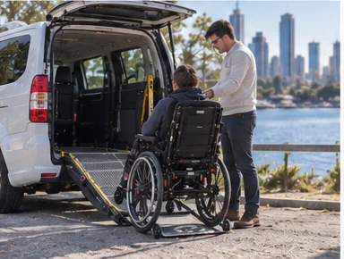 Derek assessing wheelchair access at a modified vehicle