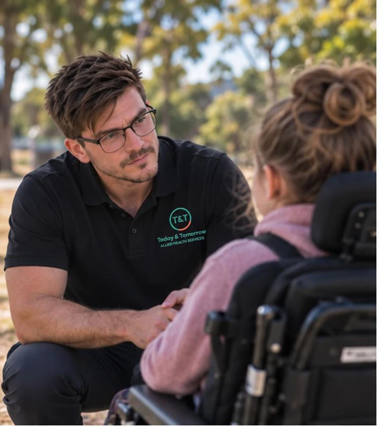 Derek discussing wheelchair fit and daily mobility needs during an assistive technology assessment