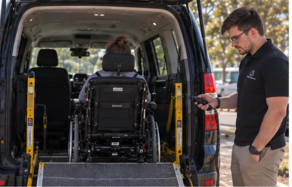 Derek assessing a wheelchair ramp and internal vehicle access