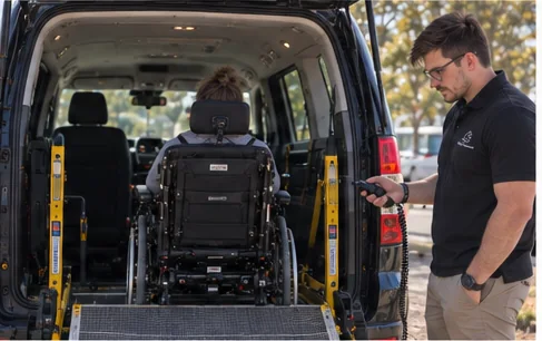 Derek reviewing a wheelchair ramp and vehicle access setup