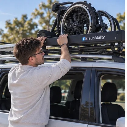 Derek inspecting a powered wheelchair roof-loading system on a vehicle